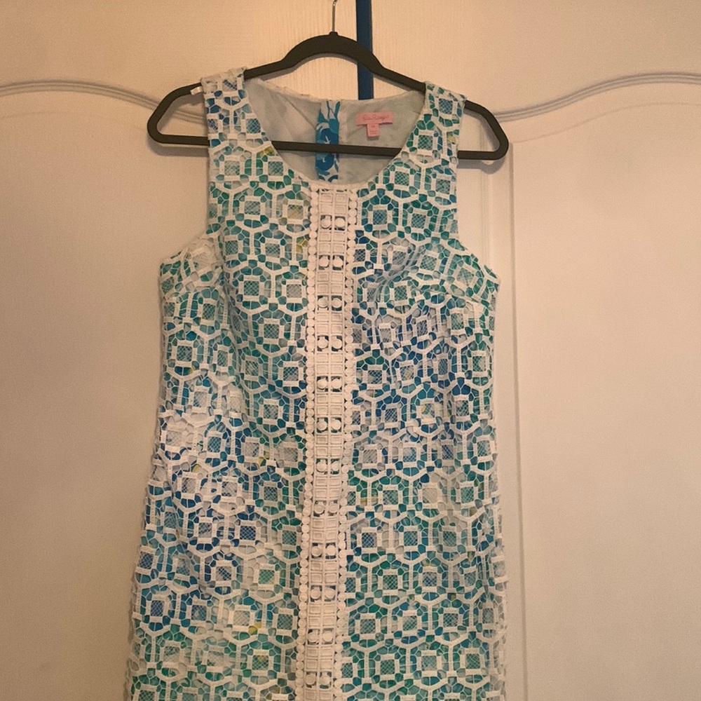 Lilly Pulitzer Teal  Print with Eyelet Lace Dress